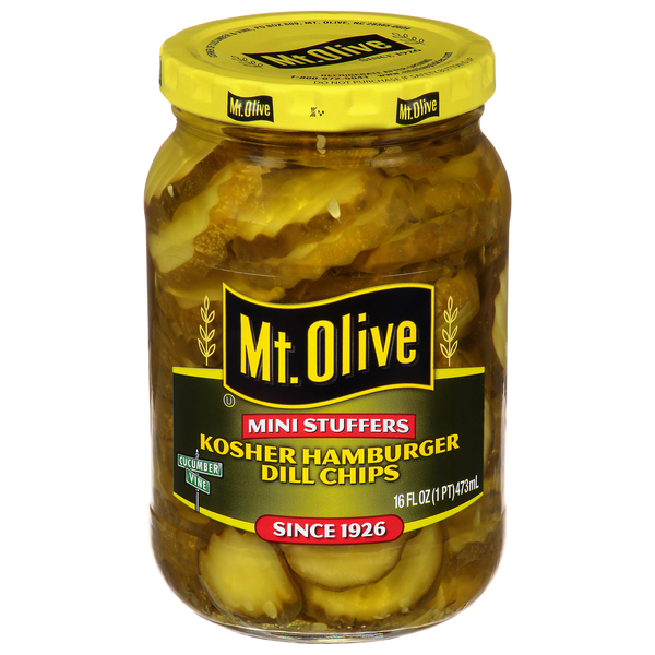 Mt. Olive Pickles, Kosher Hamburger Dill Chips, Mini Stuffers