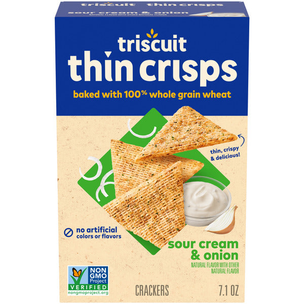 TRISCUIT Thin Crisps Sour Cream & Onion Whole Grain Wheat Crackers, Lunch Snacks 7 oz