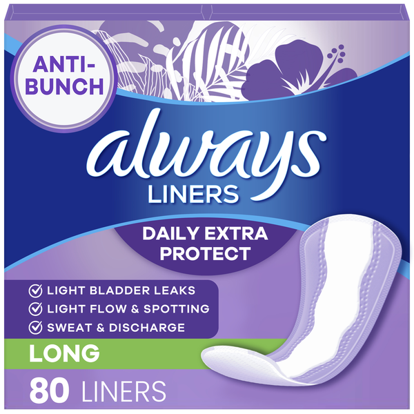 Always Daily Extra Protect Liners, Long Length, Unscented Panty Liners