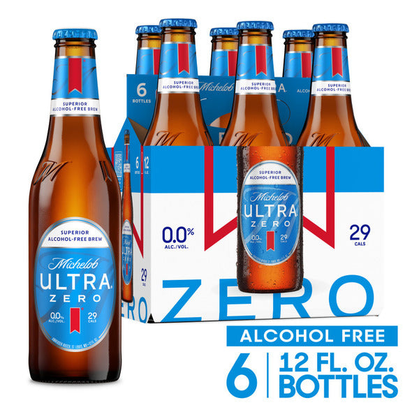 Michelob ULTRA Zero Non-Alcoholic American Lager Beer, 6 Pack 12 Fl Oz Glass Bottles