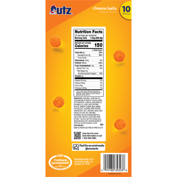 Utz Cheese Balls, Cheddar, Snack Pack