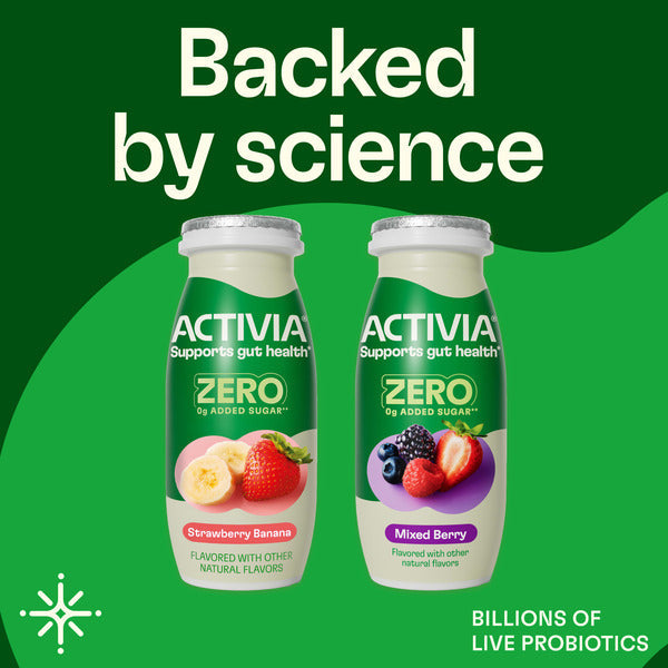 Activia ZERO 0g Added Sugar Strawberry Banana and Mixed Berry Probiotic Dailies, Low Fat Probiotic Yogurt Drinks With 0g Added Sugar to Help Support Gut Health, 3.1 fl oz, 8 Count