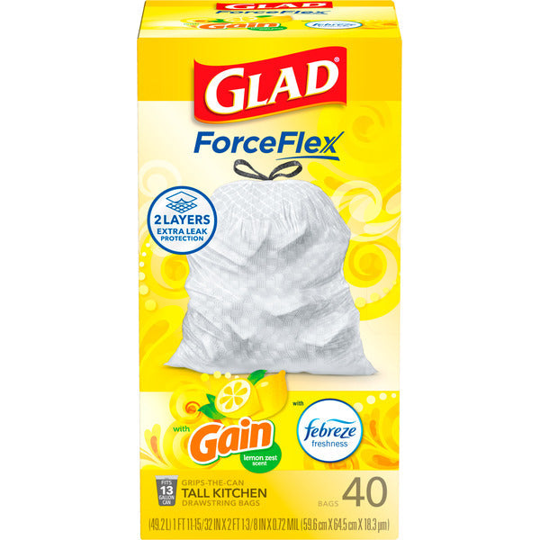 Glad ForceFlex Tall Kitchen Drawstring Trash Bags, Gain Lemon Zest, 13 Gallon