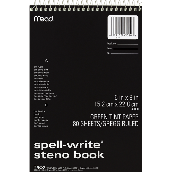 Mead Steno Book, Spell-Write, Green Tint, Gregg Ruled, 80 Sheets