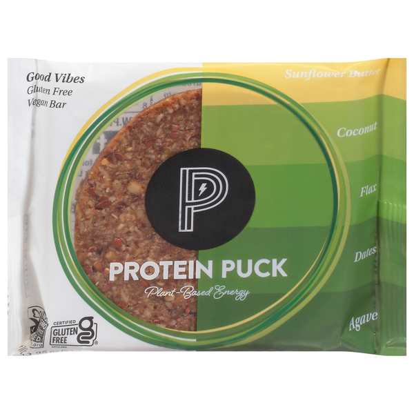 Protein Puck Protein Bar, Sunflower Butter, Coconut, Flax, Dates, Agave, Good Vibes