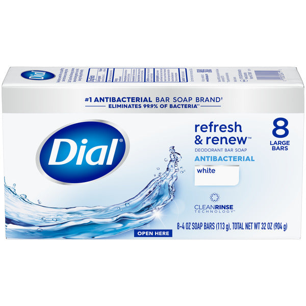 Dial Antibacterial Bar Soap, Refresh & Renew White Deodorant Bar, 4 oz (8 Bars)