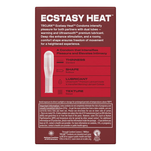 Trojan Ecstasy Heat Latex Lubricated Ribbed Condoms With Warming Lubricant