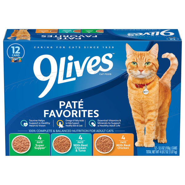 9Lives Paté Favorites Wet Cat Food Variety Pack, 5.5 oz. Cans (Pack of 12) DestGlow