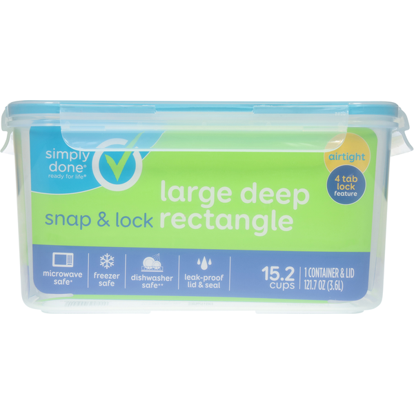 Simply Done Container & Lid, Snap & Lock, Large, Deep Rectangle, 121.7 Ounce