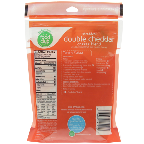 Food Club Double Cheddar Cheese Blend Sharp & Mild Cheddar Shredded Cheeses