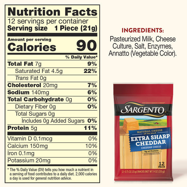 Sargento Natural Extra Sharp Cheddar Cheese Sticks, 12-Count