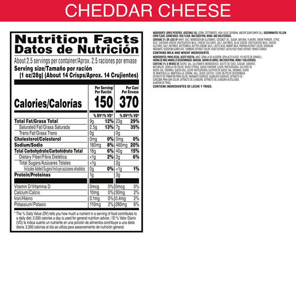 Pringles Cheddar Cheese Potato Crisps Chips, Lunch Snacks, Grab N&