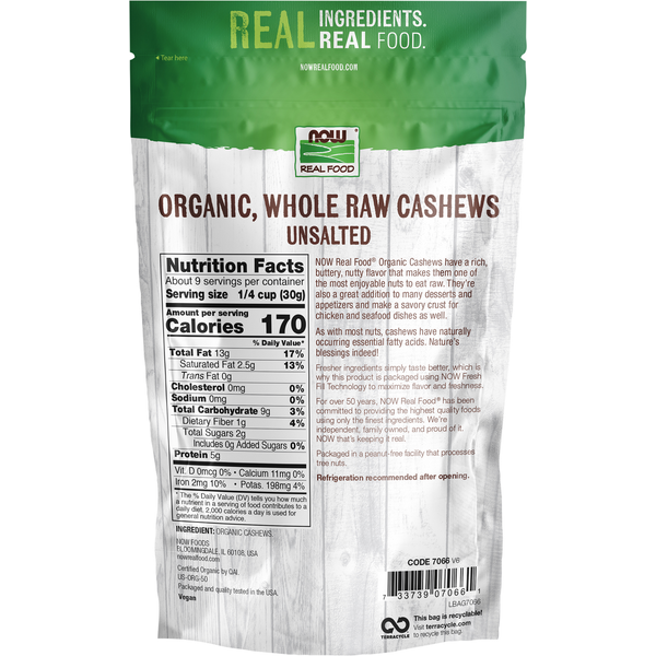 NOW Real Food Organic Whole Raw Cashews, Unsalted