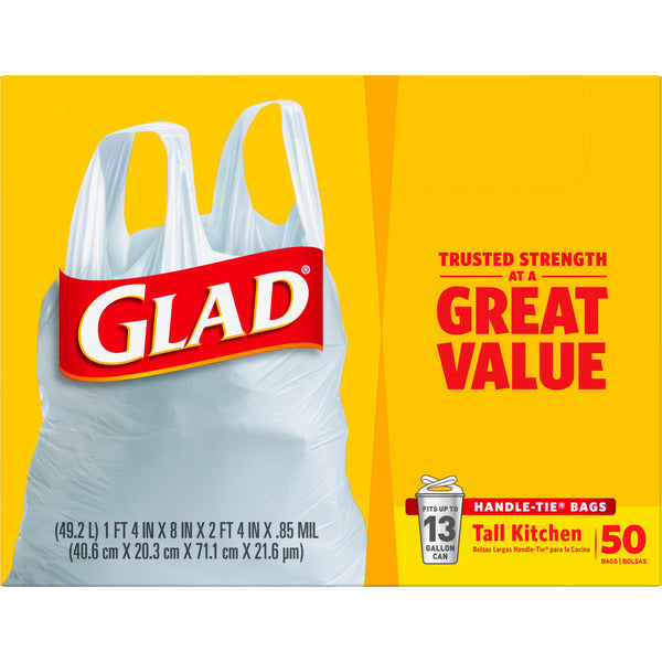 Glad Tall Kitchen Handle-Tie Trash Bags, 13 Gallon White Trash Bag