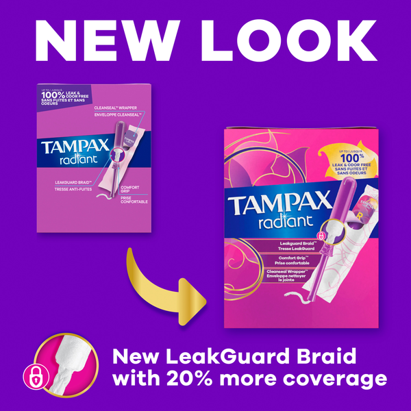 TAMPAX Radiant Tampons, with Leak Guard Braid, Regular