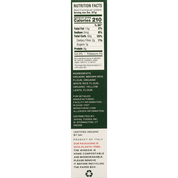 Bionaturae Rice & Lentil Pasta, Gluten Free, Organic, Elbows