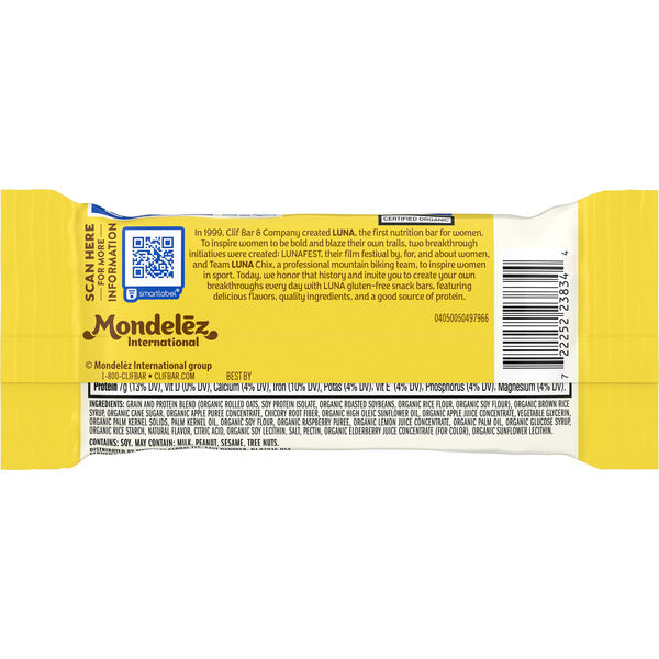 LUNA Lemonzest + Raspberry Flavor Gluten Free Snack Bar, Non-Gmo Protein Bar 1.69 oz