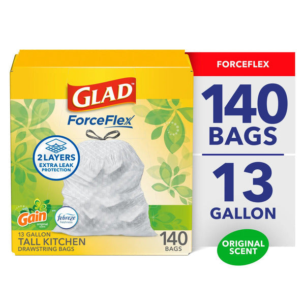 Glad ForceFlex Tall Kitchen Drawstring Trash Bags, 13 Gal, Gain Original with Febreze