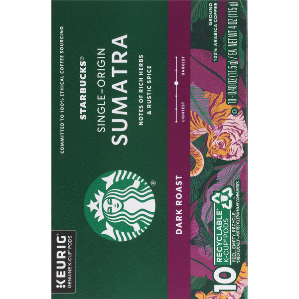 Starbucks Coffee, Ground, Dark Roast, Sumatra. Single-Origin, K-Cup Pods