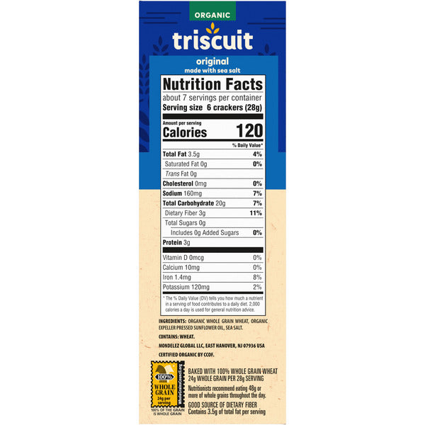TRISCUIT Organic Original Whole Grain Wheat Crackers, Organic Crackers, Vegan Snacks 7 oz