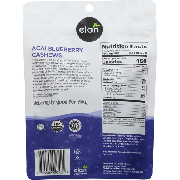 Elan Cashews, Organic, Acai Blueberry