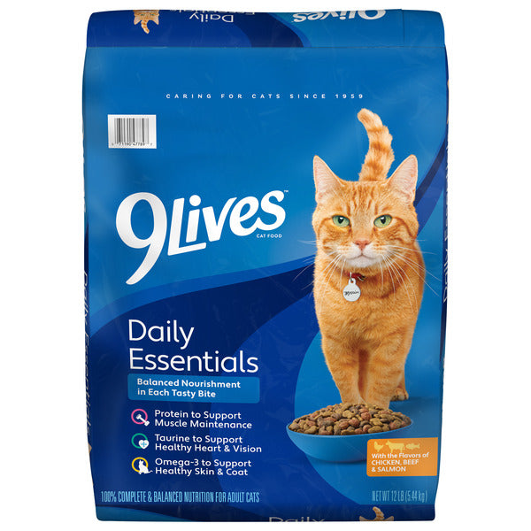 9Lives Daily Essentials Dry Cat Food for Adult Cats with Chicken, Beef & Salmon Flavors, 12 lb. Bag DestGlow