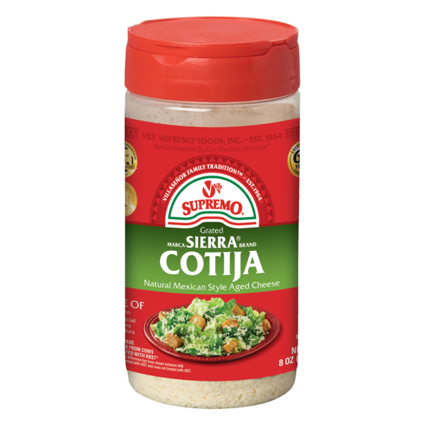 V&V Supremo Grated Sierra Cotija Cheese, Resealable Shaker.