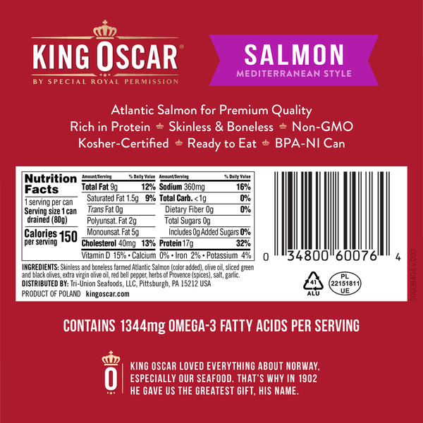 King Oscar Skinless & Boneless Premium Salmon in Olive Oil, Mediterranean Style