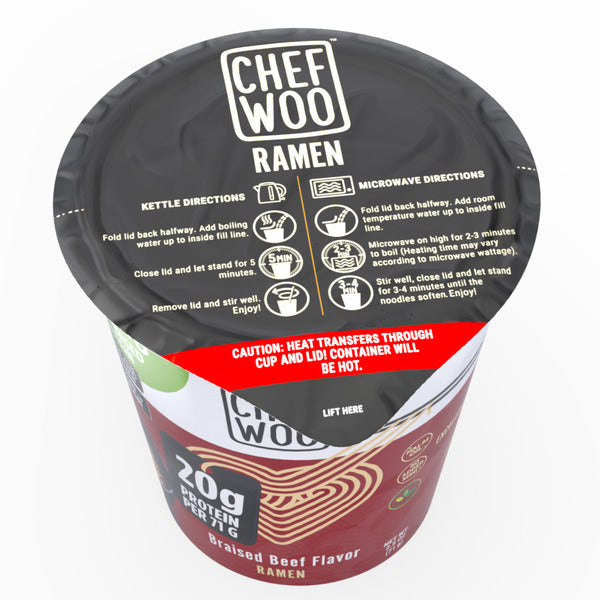 Chef Woo Braised Beef Ramen Cup Noodle, 20g Protein