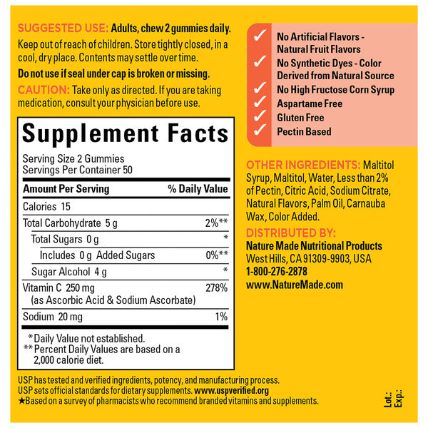 Nature Made Zero Sugar Vitamin C Gummies 250 mg per serving, Immune & Antioxidant Support, Aspartame Free, 100 Sugar Free Gummies, 50 Day Supply
