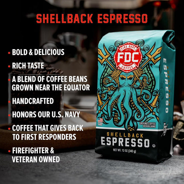 Fire Department Coffee Inc. Shellback Espresso, Premium Ground Coffee, Medium Roast