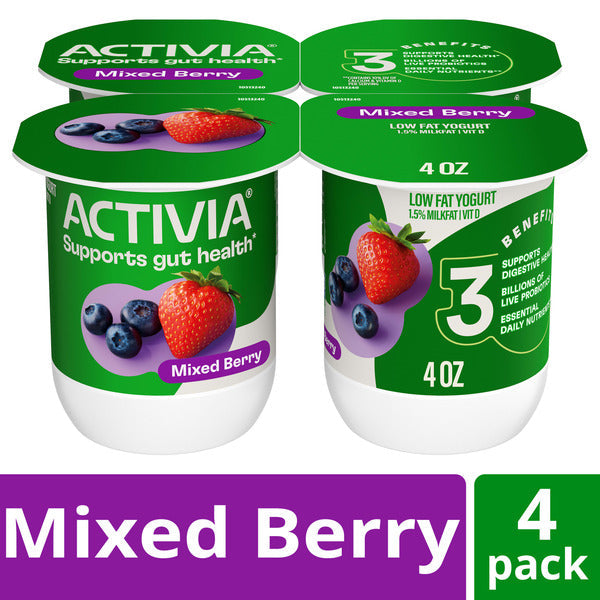 Activia Mixed Berry Probiotic Yogurt, Delicious Low Fat Yogurt Cups to Help Support Gut Health, 4 oz, 4 Count