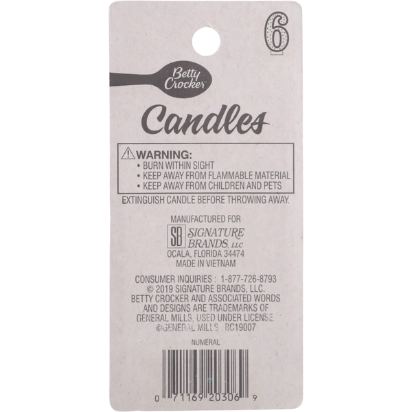 Betty Crocker Birthday Candle, Numeral 6, 3 Inch