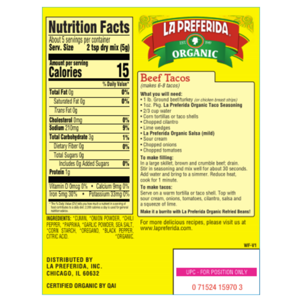 La Preferida Organic Taco Seasoning Mix, Zesty Flavor