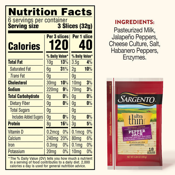 Sargento Ultra Thin® Natural Pepper Jack Sliced Cheese, 18 Slices