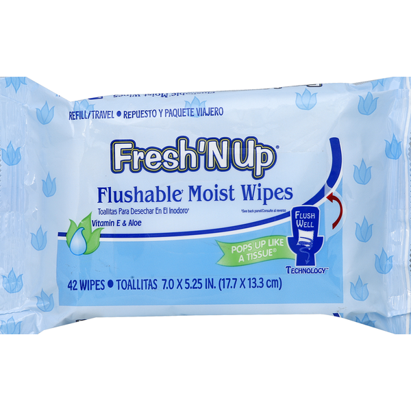 Fresh N Up Wipes, Flushable Moist, Vitamin E & Aloe, Refill