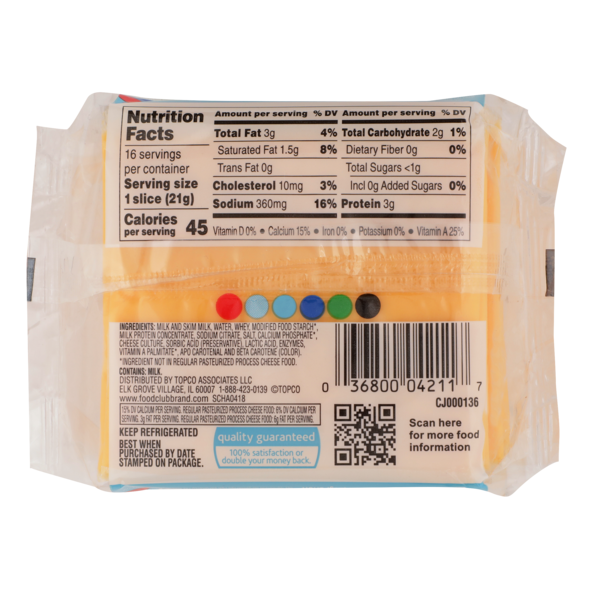 Food Club American 2% Milk Reduced Fat Pasteurized Process Cheese Food With Added Calcium Singles