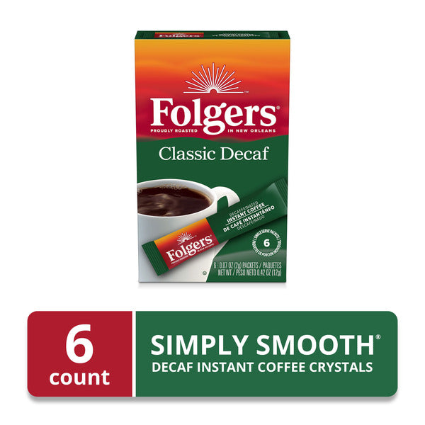 Folgers Classic Decaf Instant Coffee Crystals Packets, 6 Count