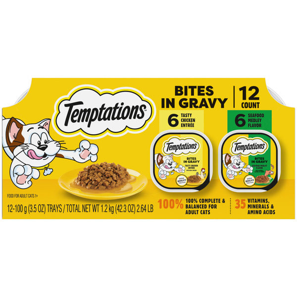 TEMPTATIONS Wet Cat Food, Bites in Gravy Flavor Variety Pack