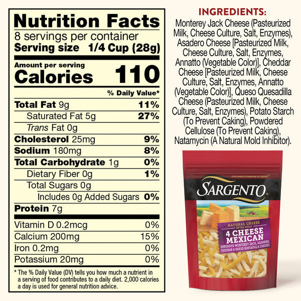 Sargento Shredded Four Cheese Mexican Natural Cheese, Traditional Cut