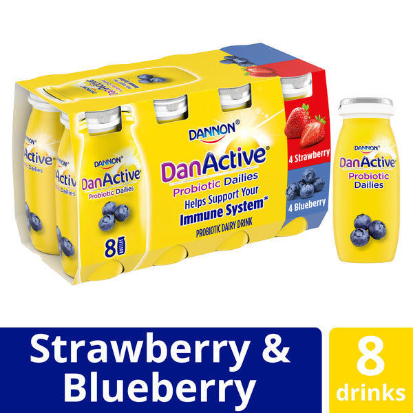 Dannon Light + Fit Probiotic Dailies Dairy Drink, Variety Pack, Blueberry & Strawberry, 3.1 oz., 8 Pack