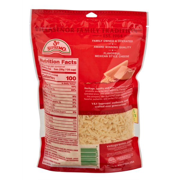 V&V Supremo Shredded Chihuahua Quesadilla Cheese, Mexican Style, Melting
