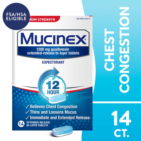 MUCINEX® Mucinex Maximum Strength 12-Hour Chest Congestion Expectorant Tablets, 14 Count