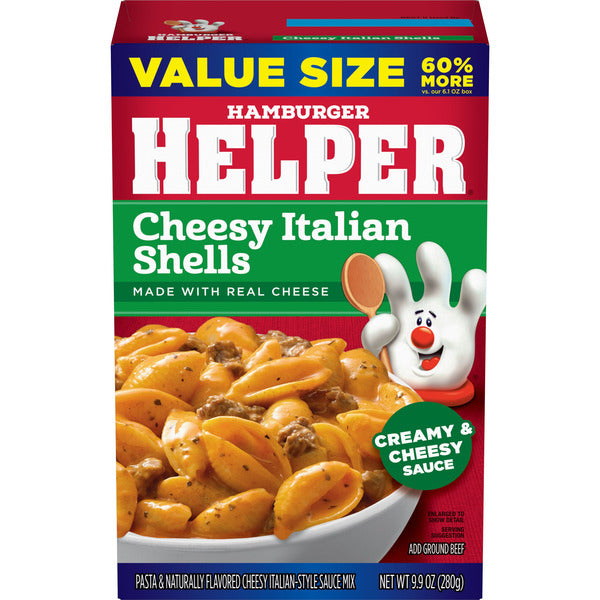 Helper Cheesy Italian Shells, Value Size, 9.9 Ounces Box.