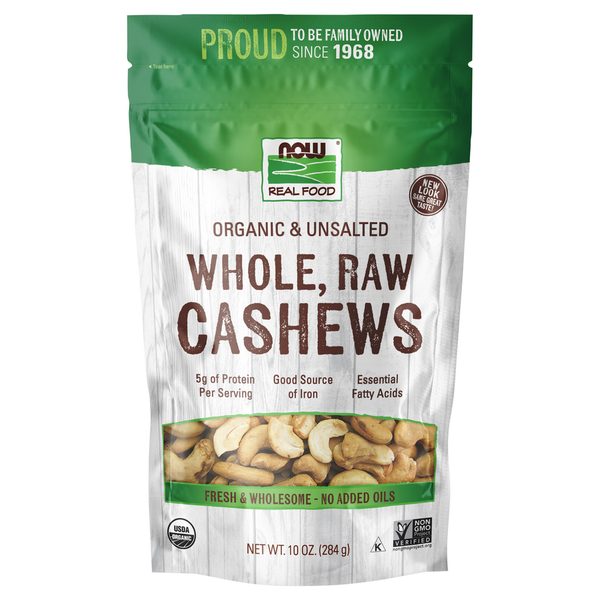 NOW Real Food Organic Whole Raw Cashews, Unsalted