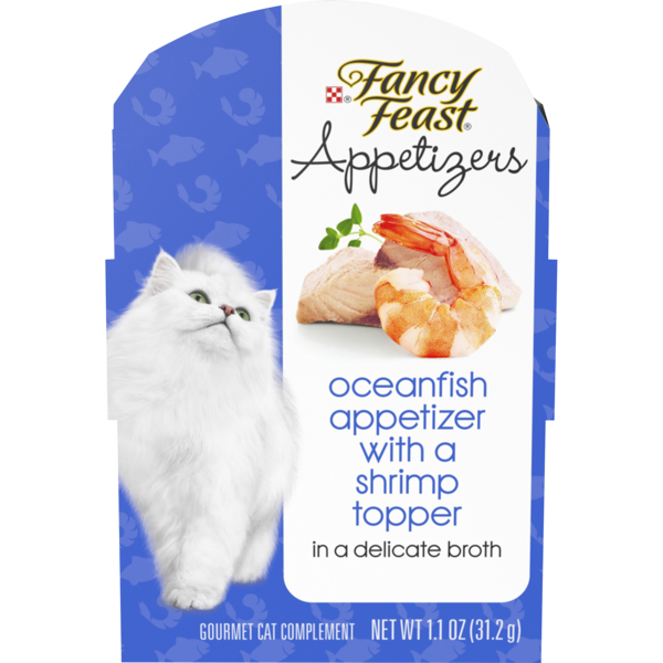 Purina Fancy Feast Wet Cat Food Complement, Appetizers Oceanfish With a Shrimp Topper in Broth DestGlow