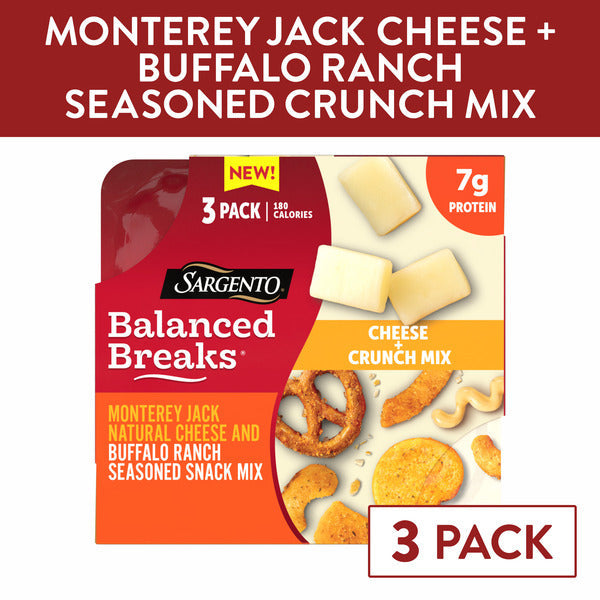 Sargento Balanced Breaks® Cheese + Crunch Mix Monterey Jack Natural Cheese and Buffalo Ranch Seasoned Snack Mix of Pretzels, Roasted Cashews, Corn Sticks, Toasted Bread Chips, Pita Chips, 3-Pack DestGlow