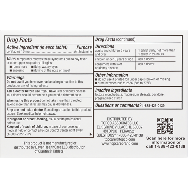 TopCare Allergy Relief, Non-Drowsy, Original Prescription Strength, 10 mg, Tablets