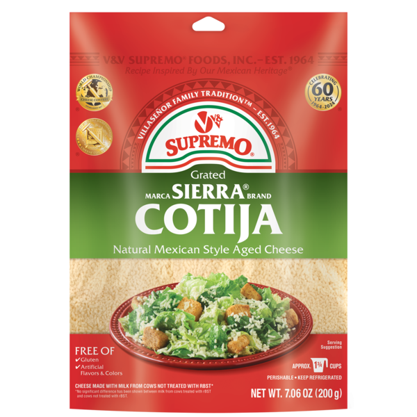 V&V Supremo Grated Sierra Cotija Cheese, Authentic Mexican Style, Aged