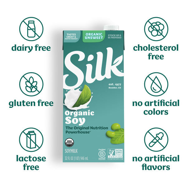 Silk Soy Milk, Organic Unsweet, Shelf Stable, Dairy Free, Lactose Free, Vegan Milk with 8g Protein per Serving, 32 FL OZ Quart DestGlow